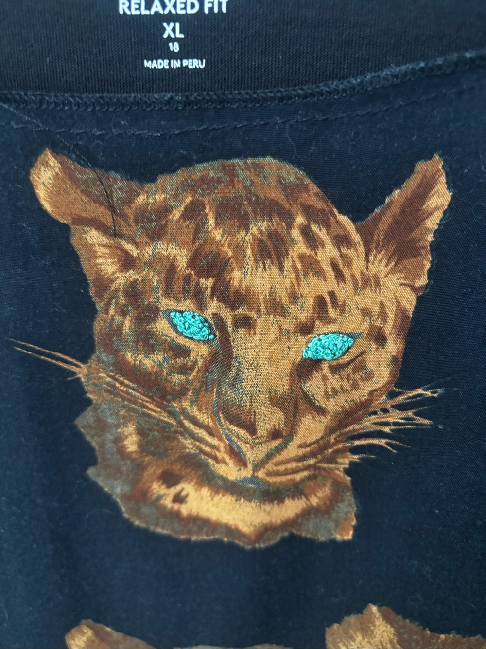 Lands' End Black Tee with Brown Leopard Head and Turquoise Eyes